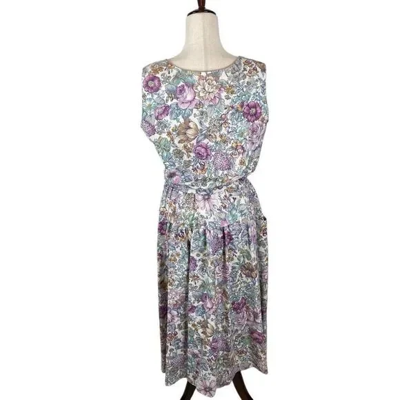 Vintage New Looks Granny floral wide strap belted sundress womens*16 Modest Boho - Picture 8 of 14